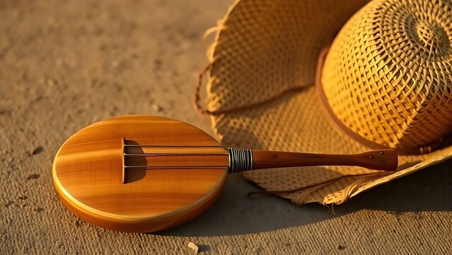 berimbau. A single berimbau instrument next to an inverted straw hat, a simple and cultural still life. event programs, museum guides, designed for cultural heritage projects and event programs.
