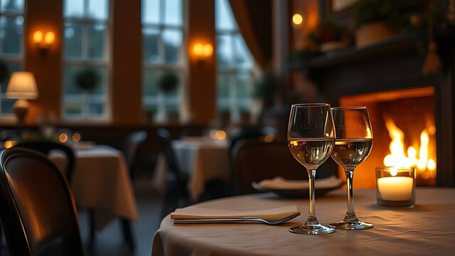 epilogue. A cozy dining room with a fireplace and a glass on the table. real-estate listings, architecture portfolios, designed for real-estate listing and luxury residence showcases.