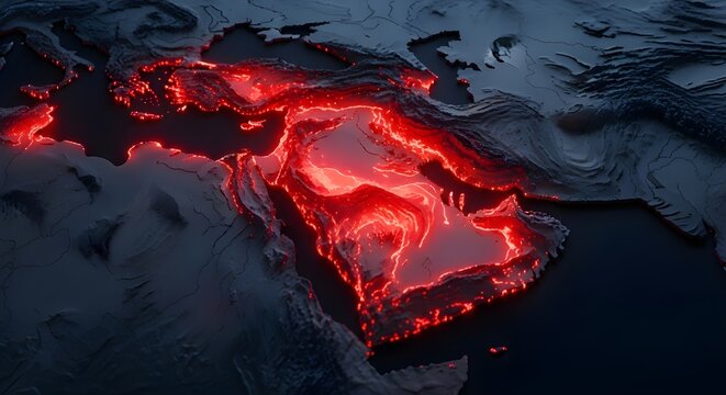 3D rendered glowing red map of the Middle East symbolizing geopolitical conflict, war, and the fight for peace among powerful nations like Iran, Israel, and America