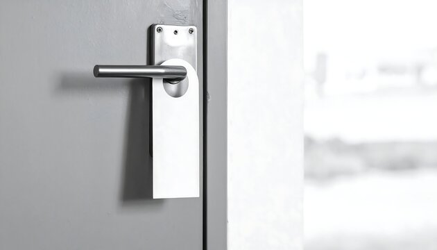 Silver door handle mounted on grey door, with soft, blurred light from a window on the right