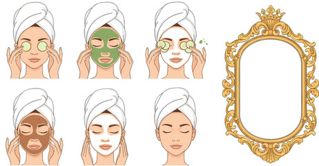 Professional vector illustration showing a woman applying different facial masks and cucumber slices for skincare routine alongside an elegant ornate gold mirror frame.