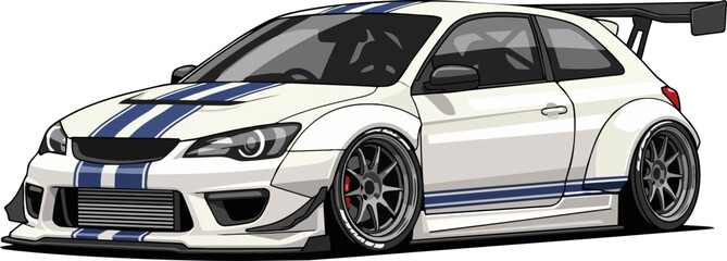 A sleek white sports car with blue stripes drives on a track from a low angle viewpoint © Faisal