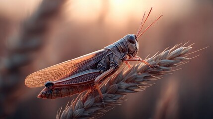 Macro shot of a grasshopper perched on a wheat stalk in the golden hour