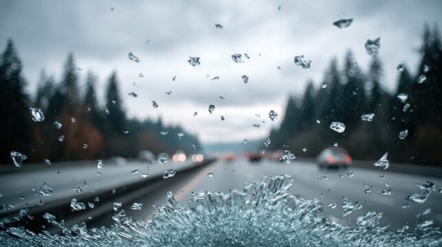 Driving in winter with ice on the windshield and a blurred highway in the background