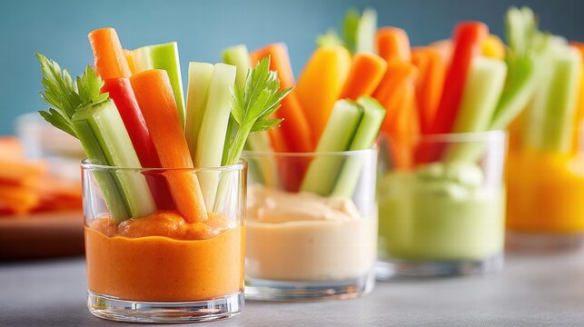 Colorful vegetable sticks with dips in glasses