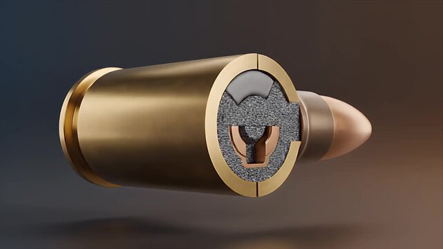 Detailed Cross Section of Ammunition Revealing Internal Components and Layers With Metallic Brass Casing and Copper Bullet Tip on a Gradient Background