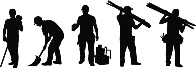 Construction worker silhouettes set, builders carrying materials, shovel digging work, industrial construction labor workers collection © MstParvin