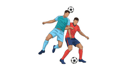 Obraz premium Two male soccer players in blue and red jerseys jumping high to hit a header during a football match.