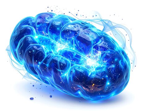 Radiant blue bean-shaped organic structure with energy surges, sparkles, and wispy streams on a white background