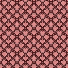 Fototapeta premium Seamless geometric pattern featuring stylized pink hearts on a dark maroon vintage background