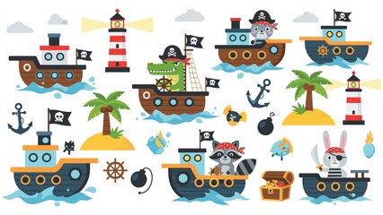 Fototapeta premium Fun collection of cartoon pirate characters including animals on ships, lighthouses, treasure chests, and nautical icons for children's designs.