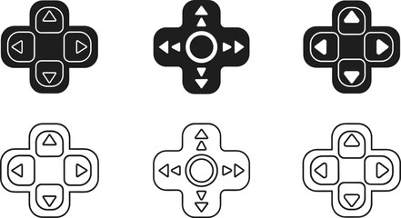 Gaming directional pad dpad icons set for video game controller interface navigation and mobile app button control design. © Mominul