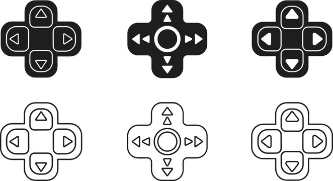 Gaming directional pad dpad icons set for video game controller interface navigation and mobile app button control design.