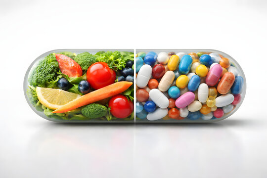 Pill vs Real Food Concept &ndash; Nutrition and Medicine Comparison