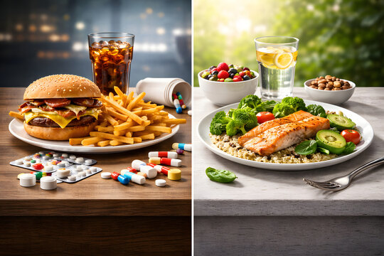 Fast Fix vs Slow Healing &ndash; Unhealthy Fast Food and Healthy Balanced Diet Concept