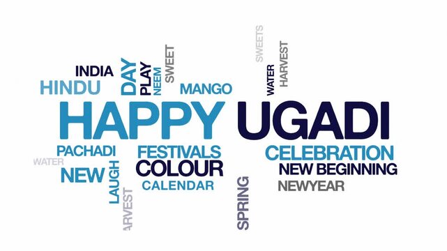 Happy ugadi concept Animated Tag Word Cloud kinetic typography, Text Design Animation typography seamless loop video motion graphics Intro Wordart festive blue grey type on white background bg backdro