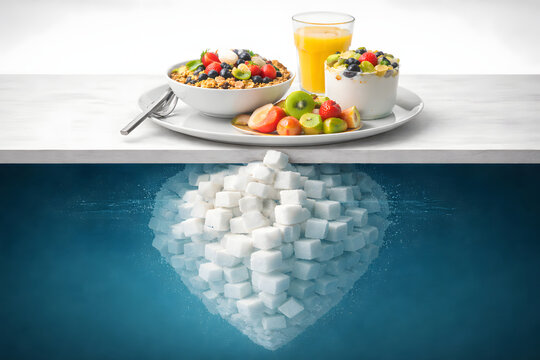 Hidden Sugar Concept &ndash; Healthy Breakfast with Excess Sugar Iceberg