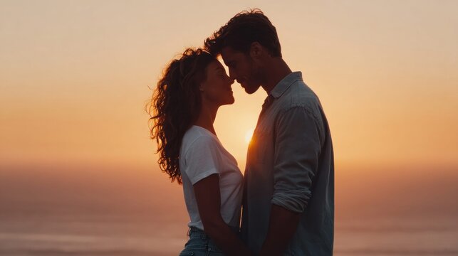Romantic couple silhouette at sunset, embracing with love and affection