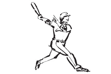 野球でホームランを打ったバッターの筆で描いた白黒イラスト