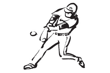 野球でホームランを打ったバッターの筆で描いた黒1色のイラスト