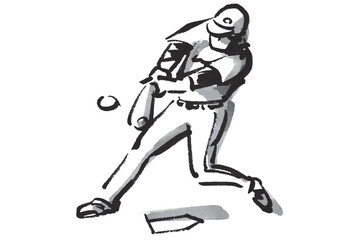 野球のバッターを筆で描いたグレースケールのイラスト