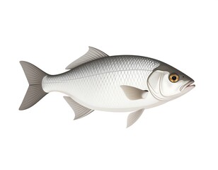 Fototapeta premium Silver fish illustration. Fish with silvery scales and fins swimming to the right, against a white background