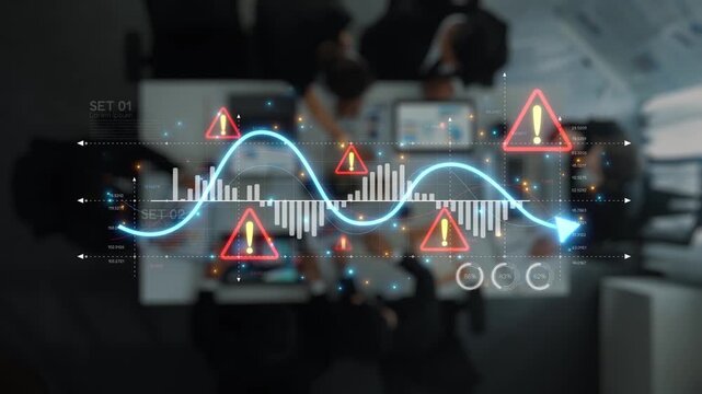 A top-down view of a business meeting where teams analyze critical data metrics represented by warning symbols and charts, illustrating decision-making processes. Raster