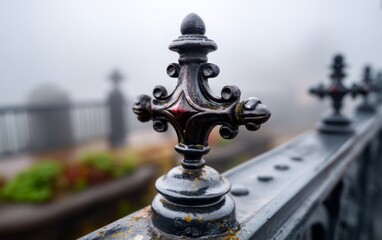 Obraz premium Intricate Metal Sculpture Surrounded by Fog at Dawn