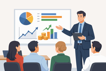 Professional businessman giving a presentation to colleagues in a meeting room, showing financial growth charts, investment data, and market analysis on a whiteboard for corporate strategy.