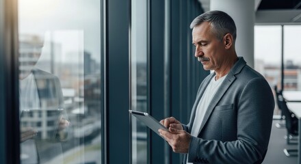 Fototapeta premium Businessman in office looking out window while using smartphone