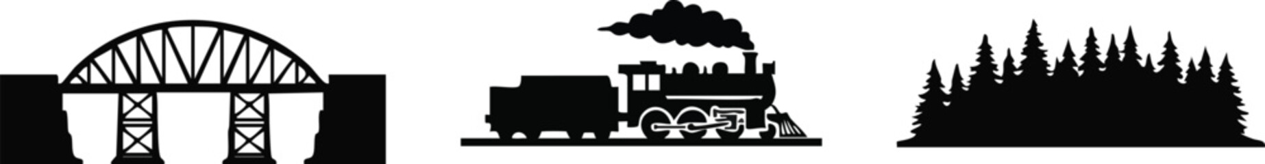 Obraz premium Vintage Steam Train and Forest Silhouette Set: Iron Bridge, Locomotive, and Pine Treeline Icons