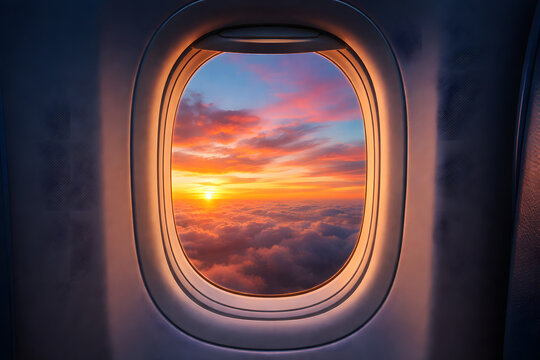 A close-up view of an airplane window showing a stunning sunset with hues of orange, pink, and blue outside, contrasting with the blue interior of the plane