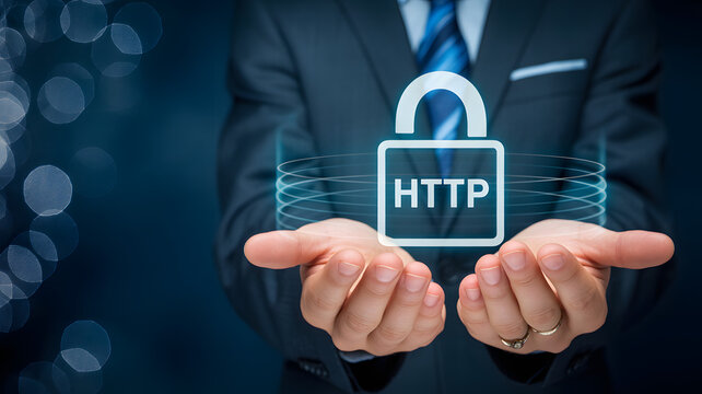 Professional man in suit presents glowing secure HTTP padlock icon on dark blue digital background