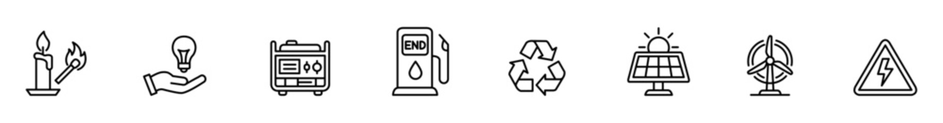 Energy electricity renewable recycling solar wind fuel generator icons set, thin line symbols for green technology, fuel station, candle, lightbulb, warning sign on white background