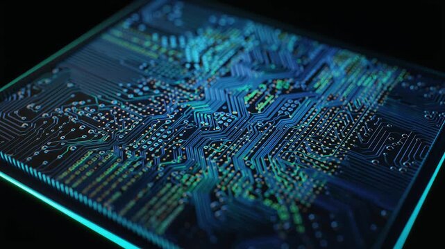 Digital Circuit Board with Glowing Blue and Green Data Traces