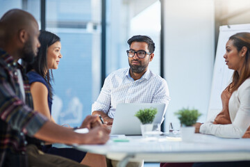 Collaboration, discussion and office with business people in meeting for review, presentation and...