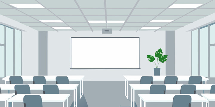 Empty classroom with a projector whiteboard and tropical plant
