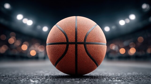 Close-up of a basketball on a court with stadium lights in the background