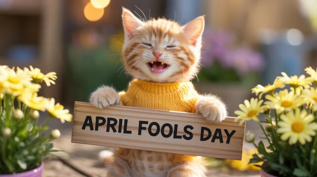 Cute ginger kitten wearing a yellow sweater and holding an April Fools' Day sign