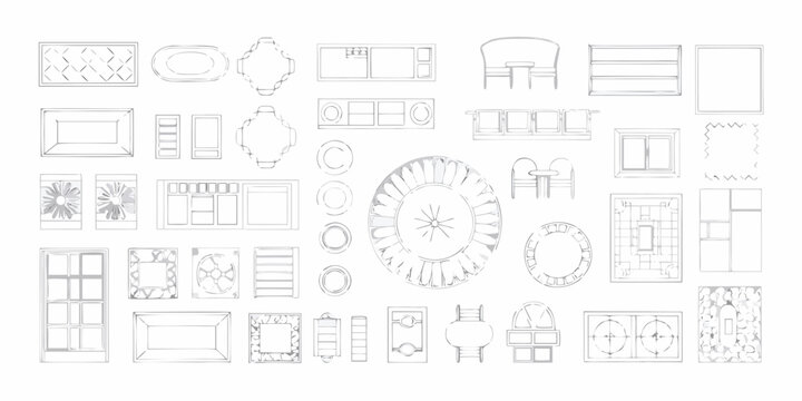 Architectural plan views of furniture and decorative elements in line art