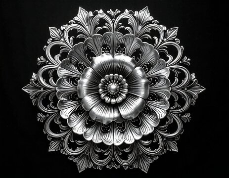 Silver flower, ornate and symmetrical, on a stark black backdrop with intricate leaf and petal details