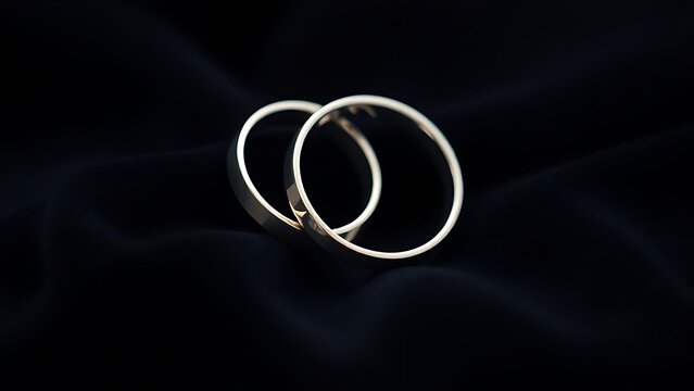 electroluminescence. Two silver wedding bands overlapping on dark velvet fabric. lifestyle magazines, social media lookbooks, designed for lifestyle magazines and social media content.