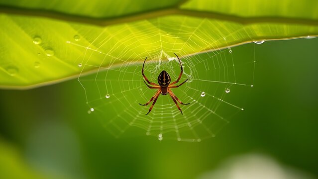 unobserved. A spider weaving a delicate web on a large green leaf with morning dew. wildlife magazines, conservation campaigns, designed for wildlife conservation campaigns, used by product managers.
