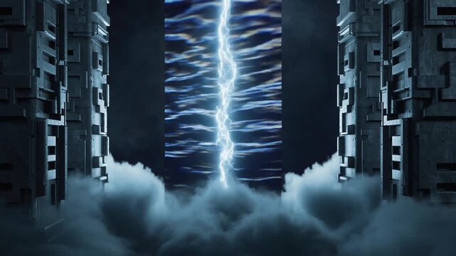 Lightning Energy Beam in Futuristic Portal with Mist and Columns