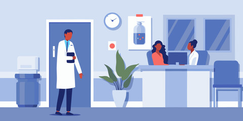 A doctor stands in a brightly lit modern hospital reception area © John Lee