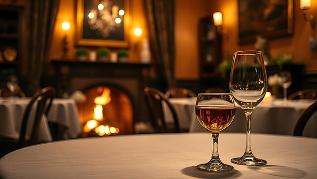 epilogue. A cozy dining room with a fireplace and a glass on the table. real-estate listings, architecture portfolios, designed for real-estate listing and luxury residence showcases.