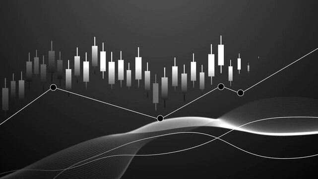 Stylized financial chart with candlesticks animation, connected line graph nodes and flowing wave overlays