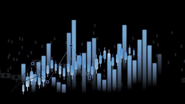 Stylized financial chart with candlesticks animation, bar graphs and line plot on black background