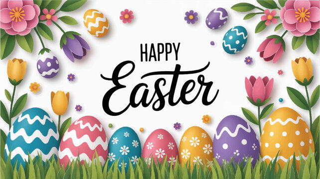 Colorful easter eggs with floral decorations and happy easter text on white background