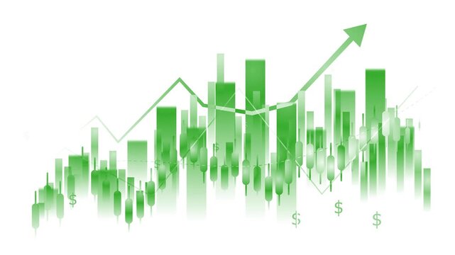 Abstract financial chart with candlesticks, bar graphs and upward arrow animation